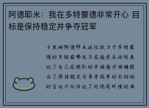 阿德耶米：我在多特蒙德非常开心 目标是保持稳定并争夺冠军
