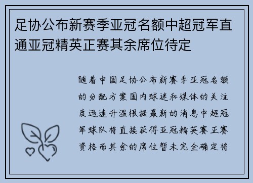 足协公布新赛季亚冠名额中超冠军直通亚冠精英正赛其余席位待定